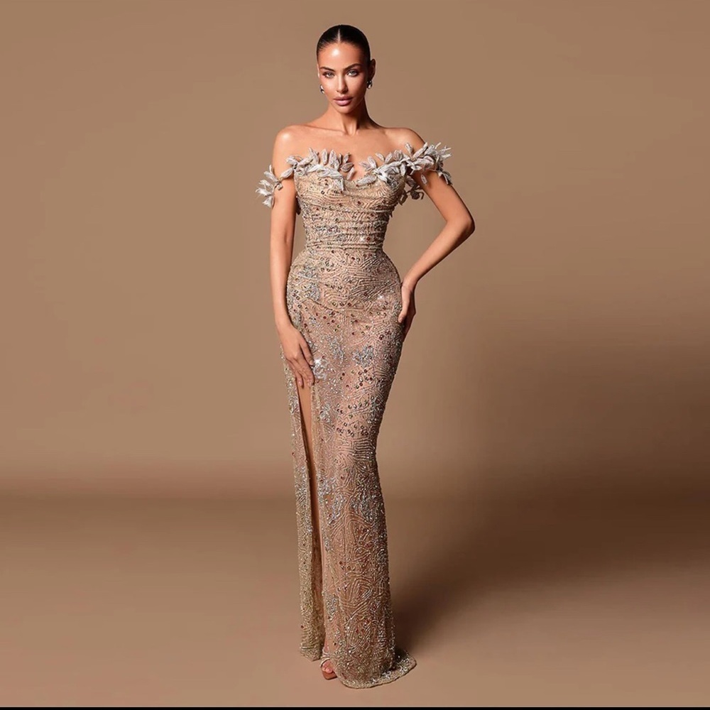 Stunning Gold and Silver Off-Shoulder Floral Dress